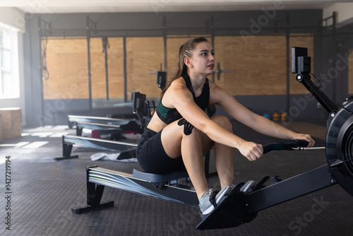 Woman rowing on indoor rowing machine in spacious gym, with kettlebells and natural light