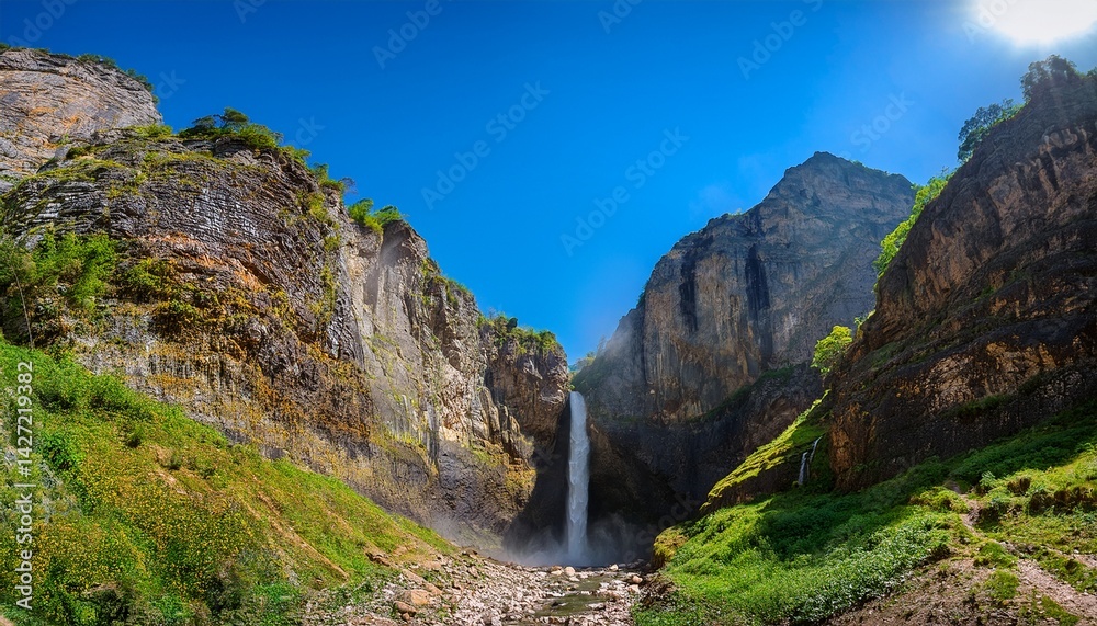 Obraz premium waterfall into deep gorge rocky cliffs under blue sky