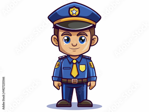 A high-quality vector illustration of a cartoon police officer in uniform, with a badge and cap, standing straight, isolated on a white background
