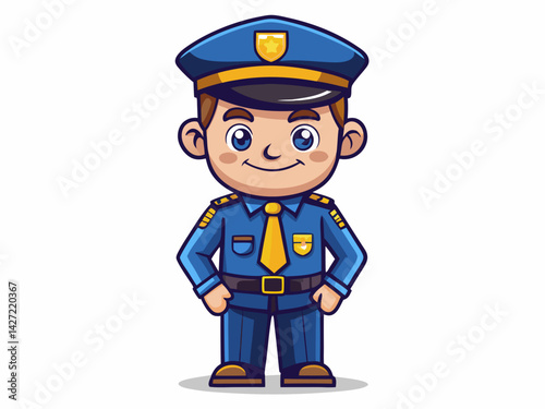 A high-quality vector illustration of a cartoon police officer in uniform, with a badge and cap, standing straight, isolated on a white background