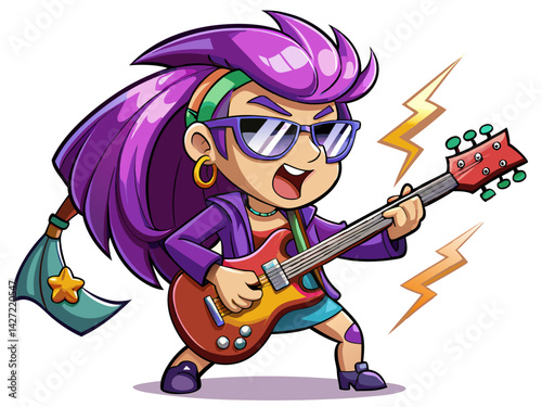 A high-quality vector illustration of a cartoon girl with purple hair, sunglasses and electric guitar, rocking out, isolated on a white background