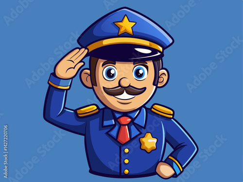 A friendly vector of a cartoon cop giving a salute, on a solid navy blue background
