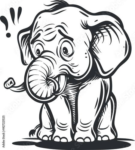A surprised cartoon elephant with a playful expression and exaggerated features in black and white.