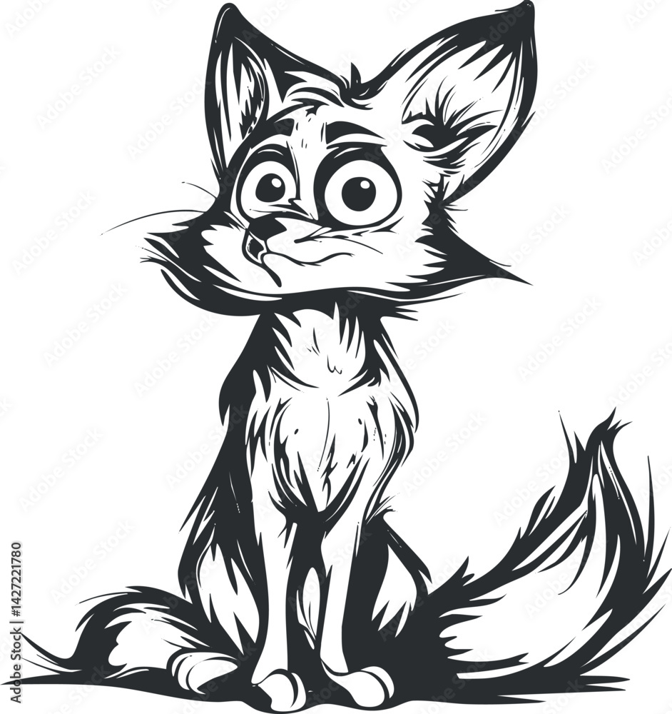 Obraz premium A playful cartoon fox character with big ears and a cheerful expression in black and white.