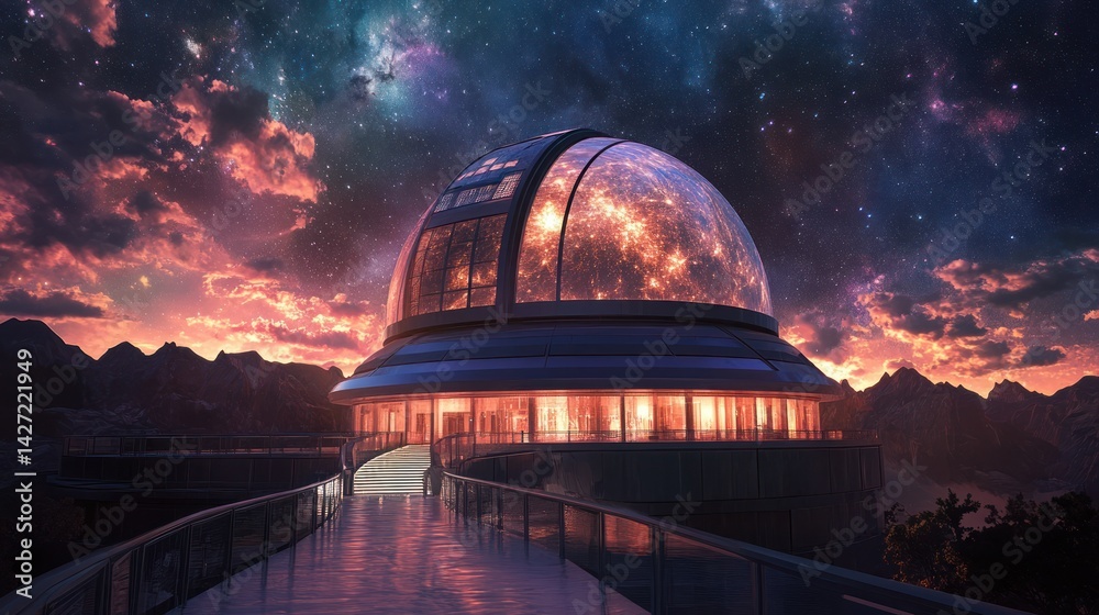 Obraz premium A futuristic observatory atop a mountain looking at the night sky