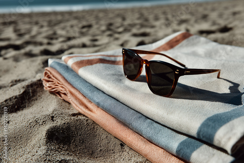 A single pair of modern sunglasses placed neatly on a folded beach towel with clean stripes, laid on light-colored sand
