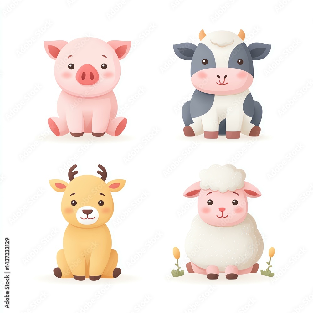 Fototapeta premium Adorable Cartoon Farm Animals Pig, Cow, Deer, and Sheep Illustration