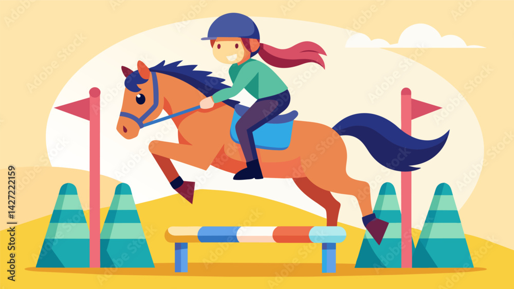 Obraz premium A young rider and her pony navigate through a colorful and creative show jumping course showcasing their playful and joyful energy.. Vector illustration
