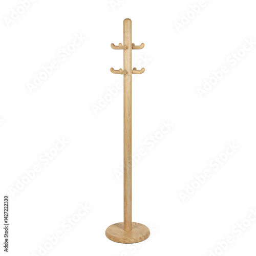Isolated minimalist pinewood standing coat rack for organization and style