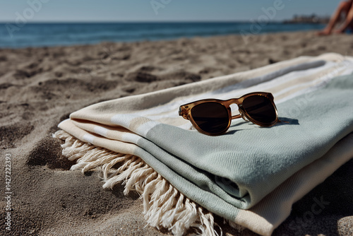 A single pair of modern sunglasses placed neatly on a folded beach towel with clean stripes, laid on light-colored sand