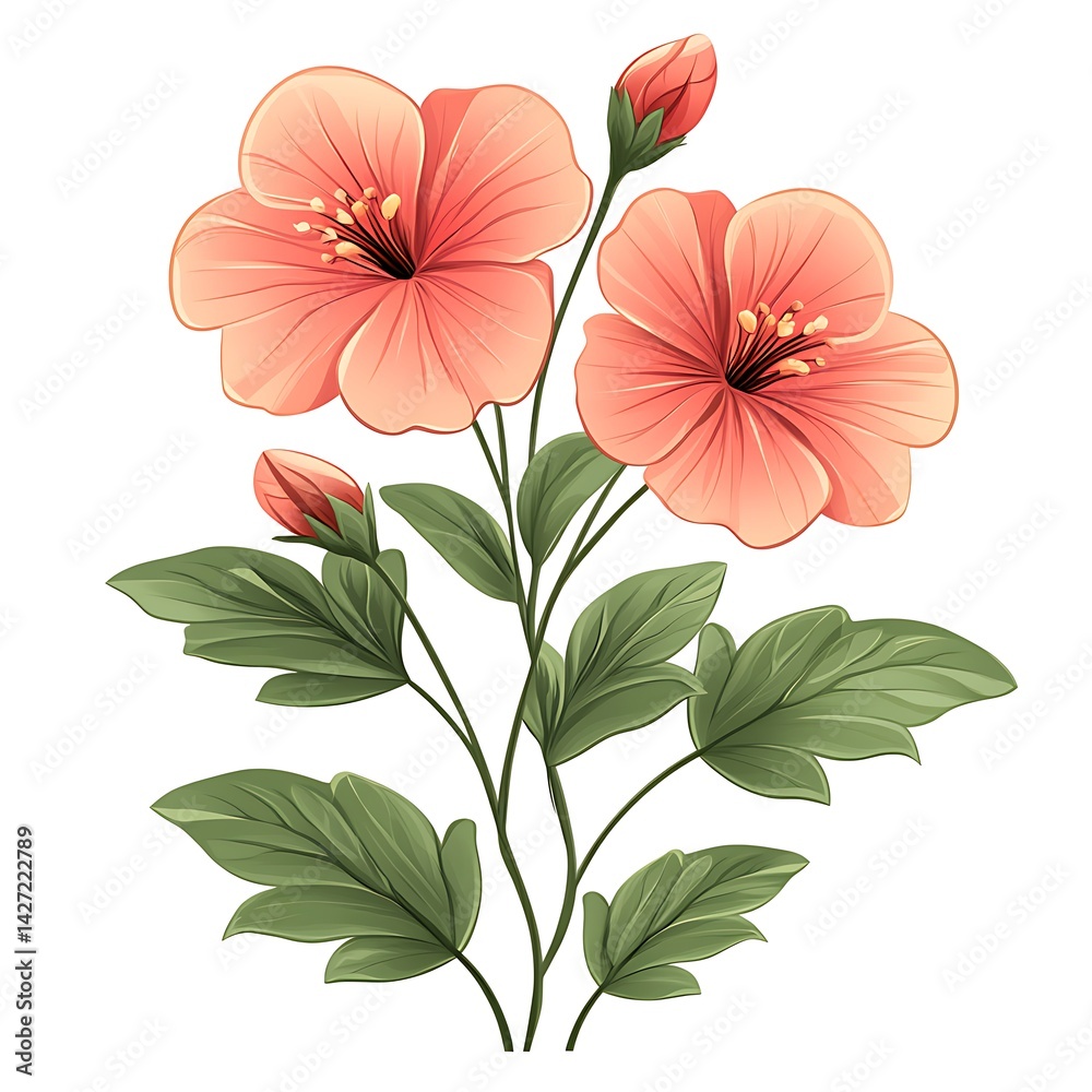 Obraz premium Elegant Illustration Of Peach Hibiscus Flowers With Green Leaves Photo Graphic Style
