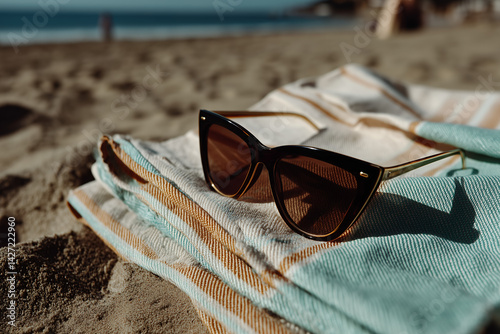 A single pair of modern sunglasses placed neatly on a folded beach towel with clean stripes, laid on light-colored sand
