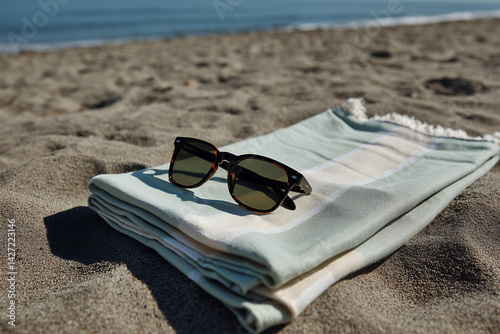 A single pair of modern sunglasses placed neatly on a folded beach towel with clean stripes, laid on light-colored sand