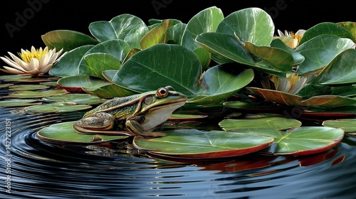 Green Frog Resting on Water Lily Pad with White Flowers in a Pond Scene photo