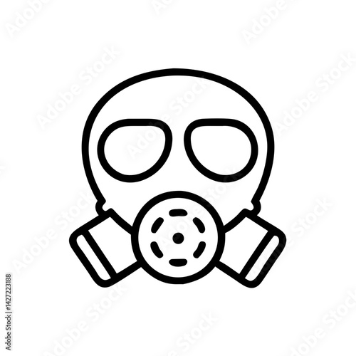 Illustration of a black and white gas mask with circular filter and rectangular canisters shown clearly