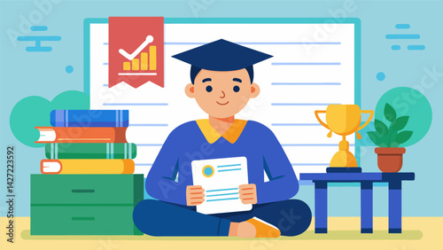 A student sitting in a classroom proudly displaying the scholarship certificate they received for their academic achievements proving that hard work. Vector illustration
