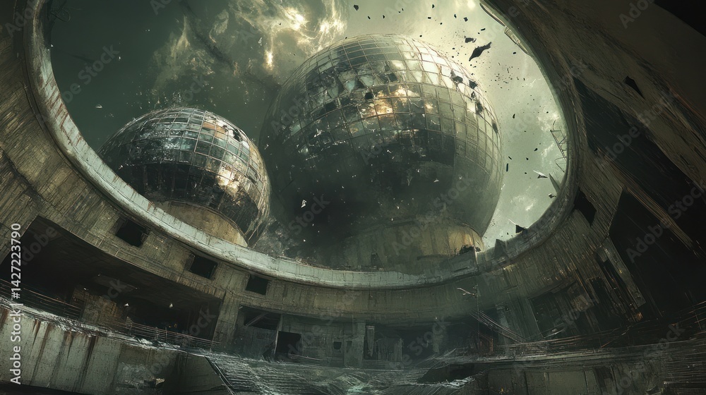 A futuristic destroyed structure with giant spherical objects A futuristic destroyed structure with giant spherical objects