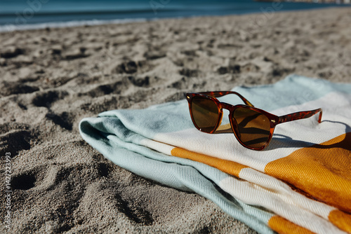 A single pair of modern sunglasses placed neatly on a folded beach towel with clean stripes, laid on light-colored sand