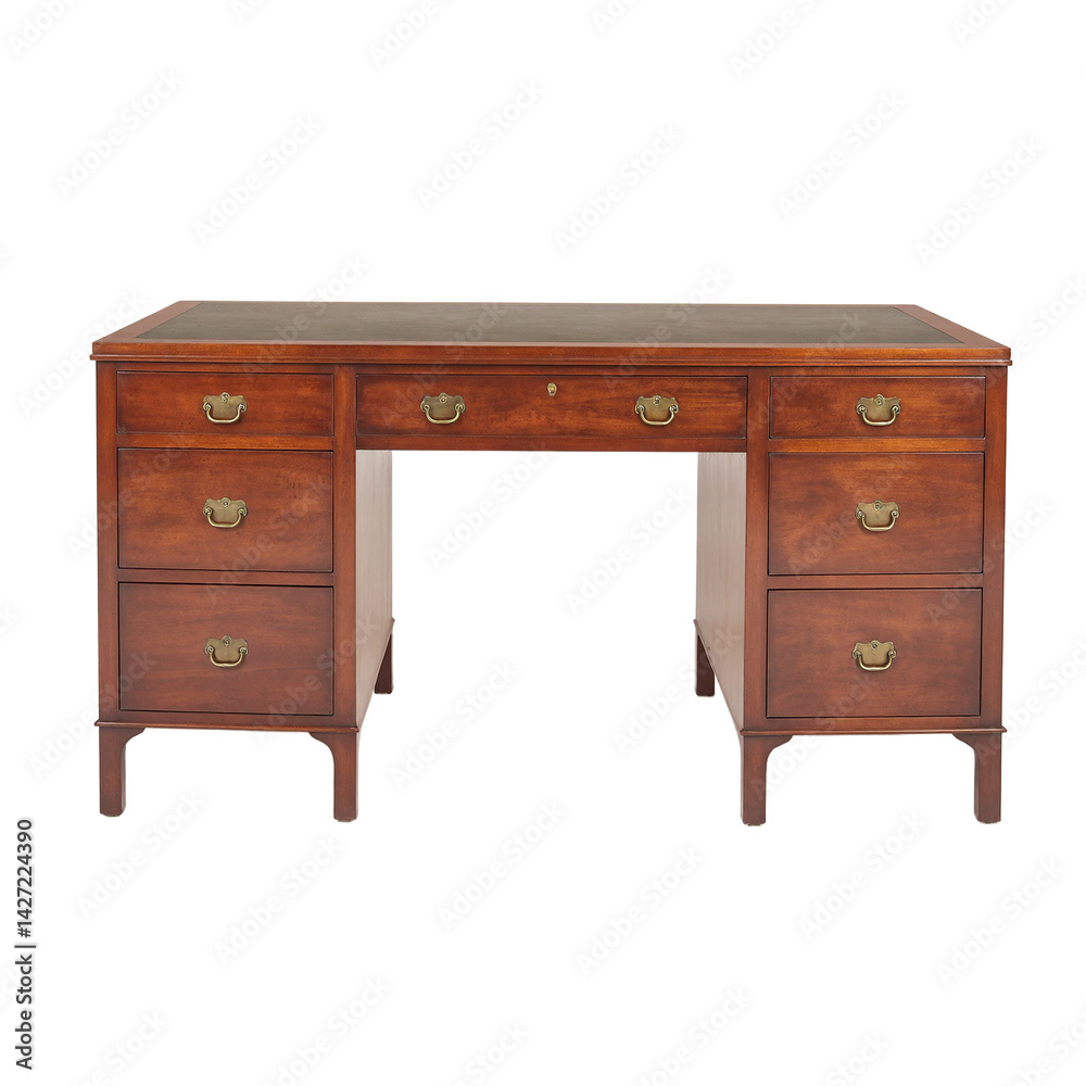 Isolated mahogany writing desk with brass handles on white background