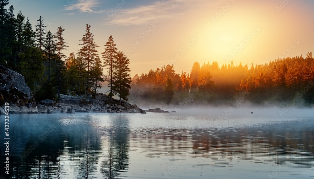 sunrise calm lake with fog rolling over the water surface and rocky shoreline misty with pine trees forest sunrise calm lake with fog rolling over the water surface and rocky shoreline misty with pine trees forest