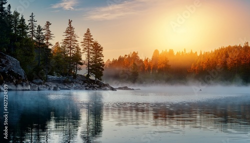 sunrise calm lake with fog rolling over the water surface and rocky shoreline misty with pine trees forest