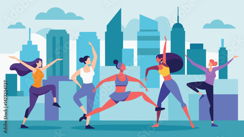 Against a backdrop of tall buildings and bustling city life teams of dancers show off their athletic skills in an exciting outdoor aerobic dance. Vector illustration