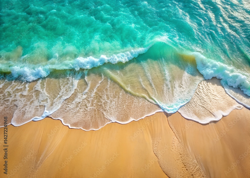 Fototapeta premium Ocean's Embrace: Coastal serenity captured, where turquoise waves delicately caress the golden sands, creating a breathtaking panorama of natural beauty and tranquility.