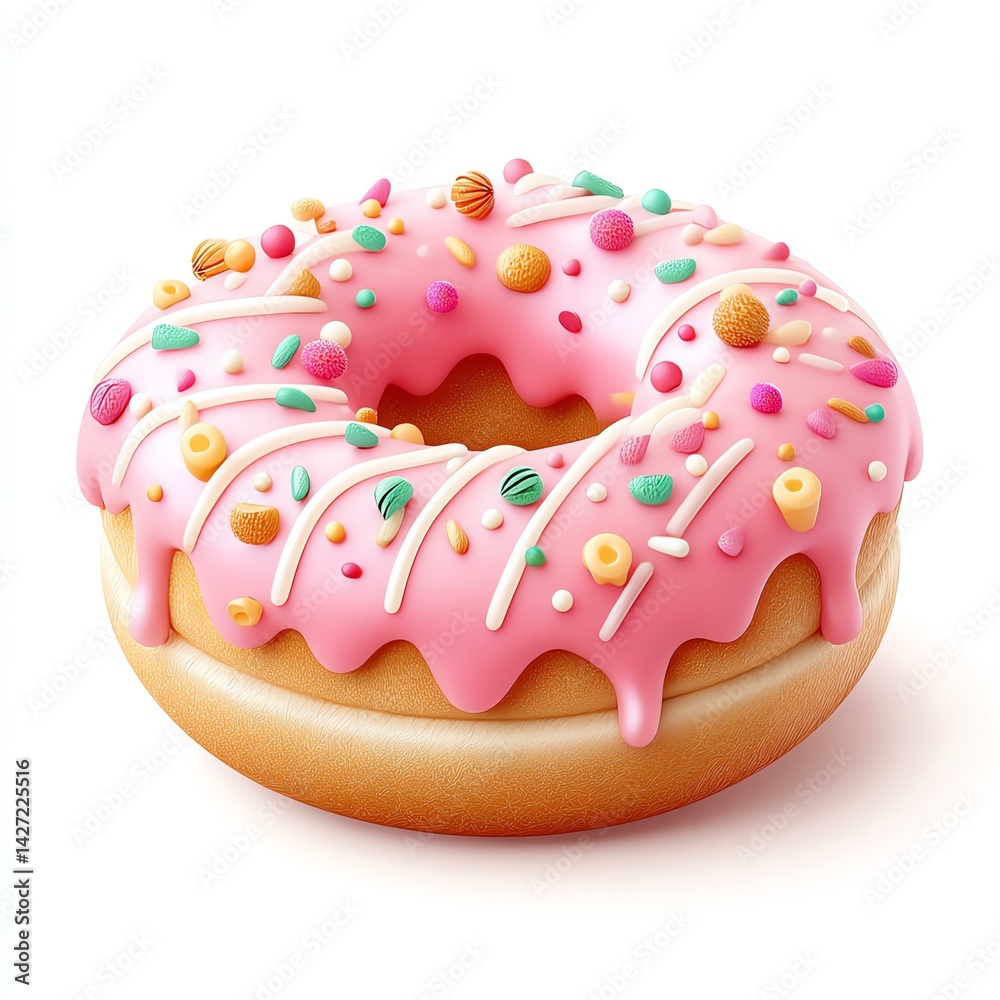 Pink Glazed Donut with Colorful Sprinkles on White Background Pink Glazed Donut with Colorful Sprinkles on White Background