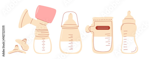 Breastfeeding set vector illustration. Nipple shields, breast pump, milk storage and freezing bag, baby bottles with breast milk. Motherhood and baby, newborn care concept. Flat design.