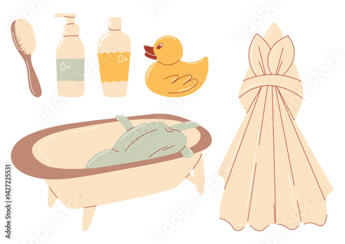 Cute baby bath time set vector illustration. Newborn bathing essentials. Hair comb, soap, shampoo, duck, bathtub, towel. Gentle baby care design.