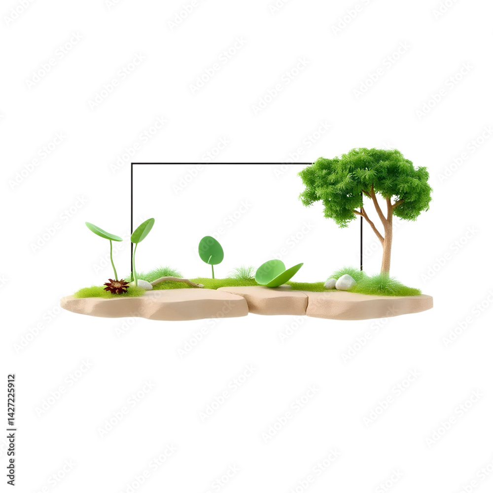 Obraz premium Miniature Garden Scene: A charming miniature garden scene with a tiny tree, lush foliage, and rocks, creating a sense of tranquility and wonder in a miniature world. 