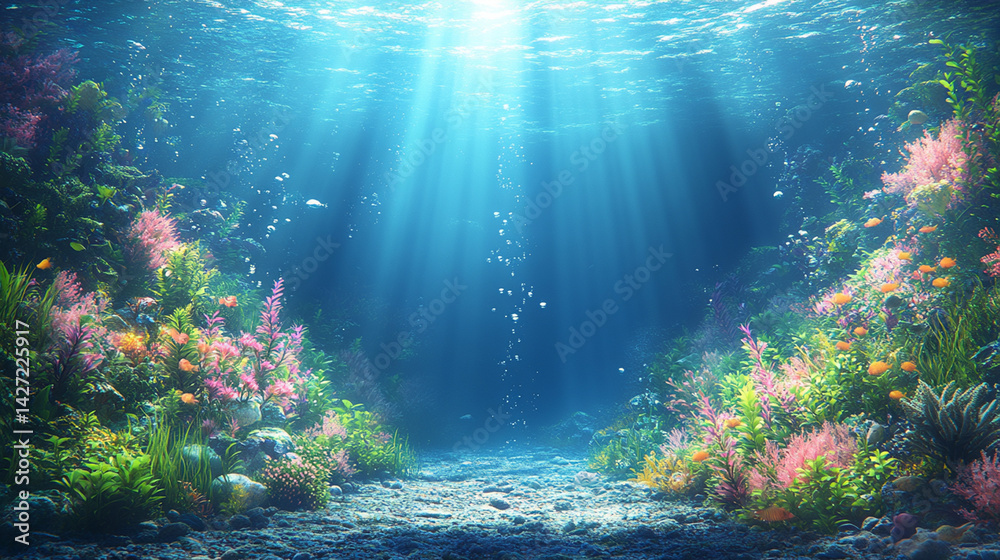 Fototapeta premium Underwater coral reef scene with sunlight beams illuminating vibrant coral and fish. Sunlight filters through water, creating a beautiful underwater landscape.