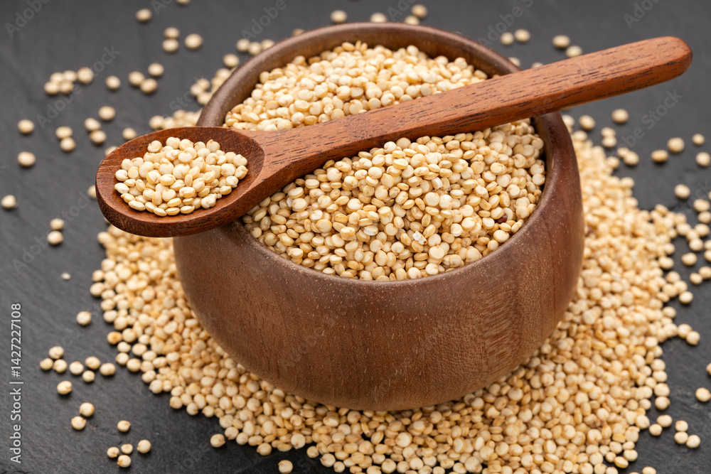 Raw white quinoa seeds in a spoon and bowl - Chenopodium quinoa Raw white quinoa seeds in a spoon and bowl - Chenopodium quinoa