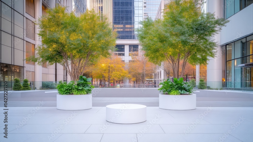Fototapeta premium Urban Planters with Trees Modern Minimalist Style High-Resolution Daylight Symmetrical Wide Shot Concrete Textures Peaceful Cityscape Serene Corporate Design extra details included