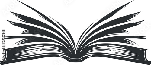 An artistic illustration of an open book with detailed pages representing knowledge and literature.