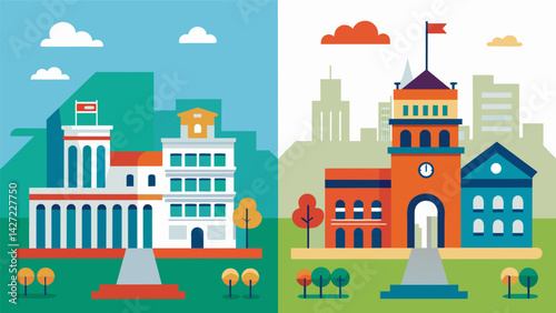 A beforeandafter photo series of university campuses in the 1980s and today demonstrating the impact of rising costs on campus infrastructure.. Vector illustration