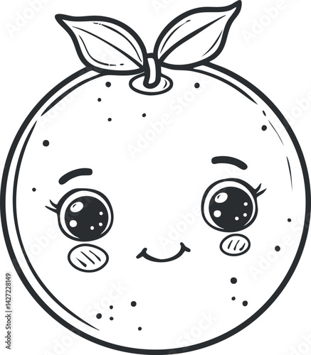 A cute cartoon illustration of a smiling orange fruit with big eyes and a leaf.