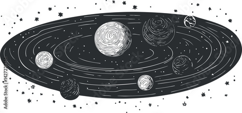 A hand-drawn illustration of a galaxy featuring various planets and stars in space.