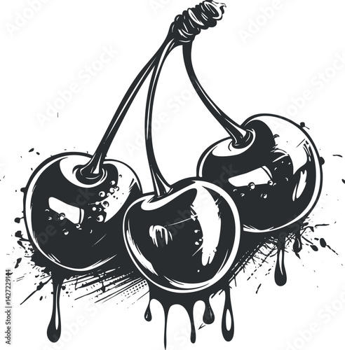 A black and white illustration of three cherries with dripping syrup and artistic splashes.