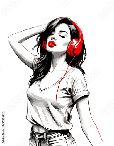 Stylish young woman with red headphones enjoying music, black and white illustration with color accents