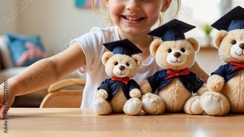 Little girl celebrates graduation with teddy bears in caps and gowns, surrounded by a cozy indoor setting filled with joy