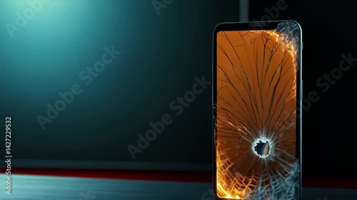 Damaged smartphone with a cracked screen on a dark background showcasing the severity of the impact
