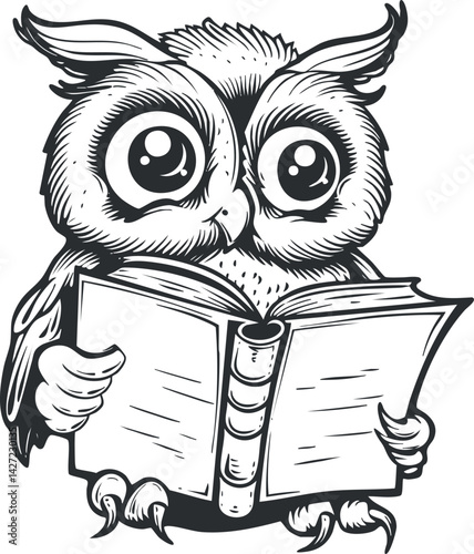 A cute owl character reading a book, symbolizing knowledge and wisdom in a whimsical illustration.