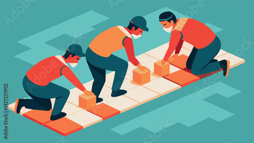 Hunched over their work the workers meticulously align each tile with the ones next to it.. Vector illustration