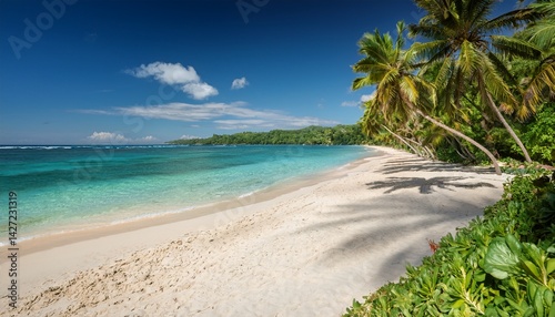 serene tropical beach with sandy shores lush greenery and swaying palms