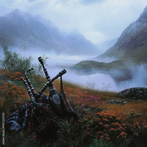 Highland bagpipes in misty Scottish valley photo