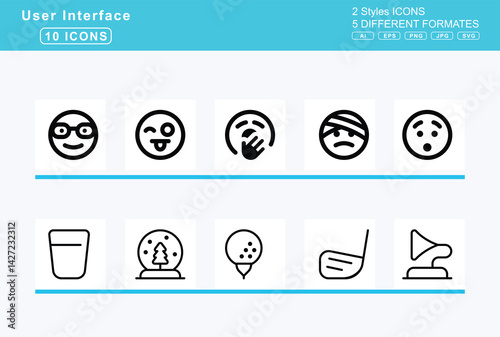 Set of 5 rounded user interface icons,face, disguise, downcast, sweat, drooling, explode, expressionless