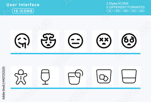 Set of 5 rounded user interface icons,face, beam, hand, over, mouth, confounded, confused, cowboy, hat, disappointed