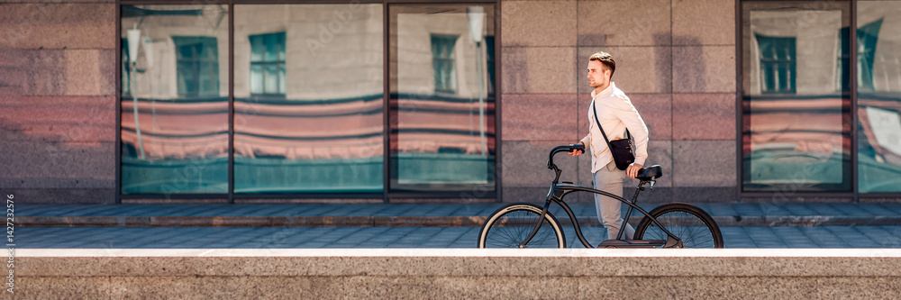 Fototapeta premium Bike ride in city. Young hipster with bag walks with bicycle near office building, side view, copy space