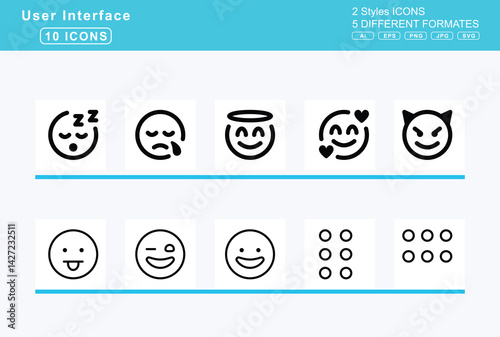 Set of 5 rounded user interface icons,face, persevering, pleading, raised, eyebrow, relieved, sad, sweat
